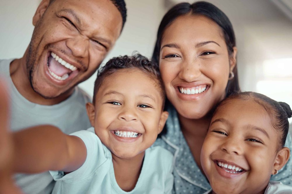 Happy,,Family,And,Selfie,With,Portrait,In,Home,For,Memory,